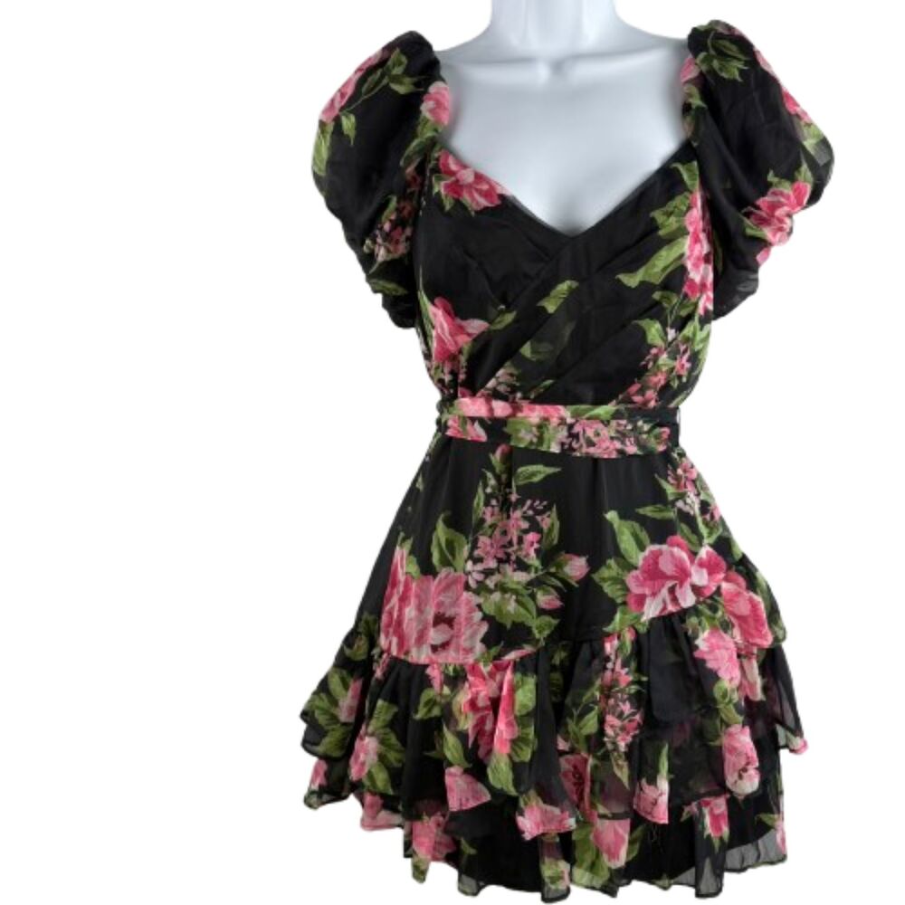 Aqua Women’s Black Pink Floral Smocked Mini Tiered Ruffle Dress Size S